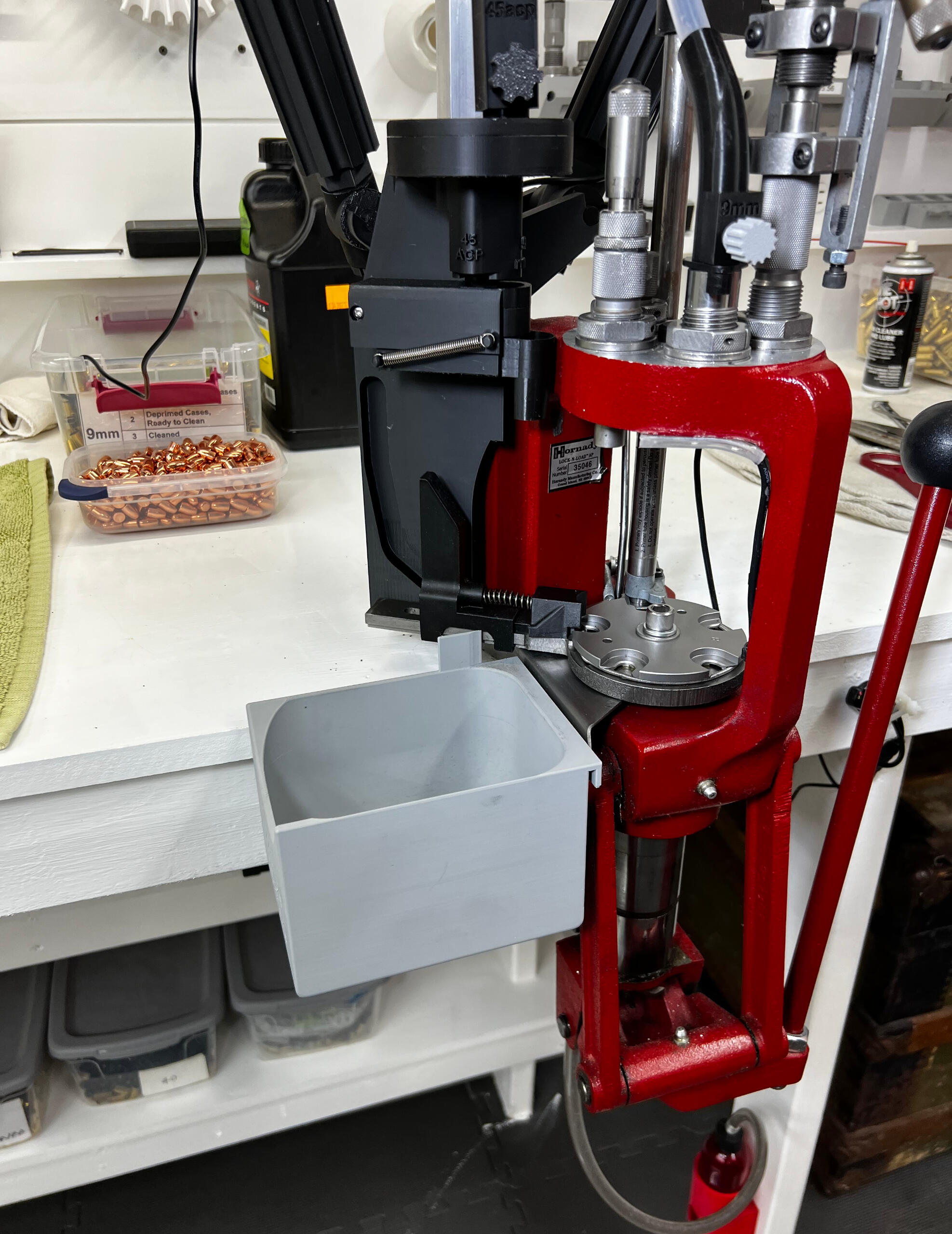 Case Drop Assembly attached to Hornady LNL Hornady reloading